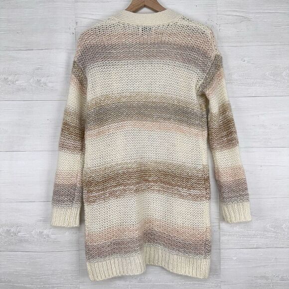 Anthropologie Numph Open Front Long Cardigan XS Stripe Cream Chunky Knit Mohair - Picture 7 of 16